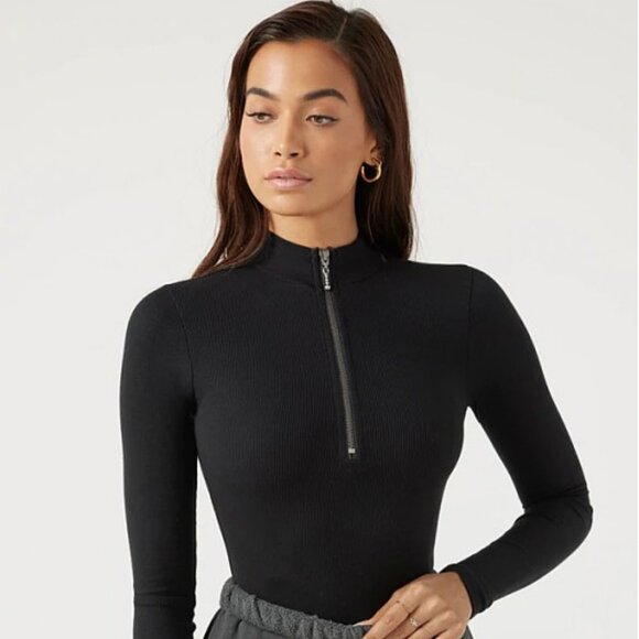 Joah Brown Half Zip Ribbed Mock Neck Shirt in Black M/L - Picture 2 of 6